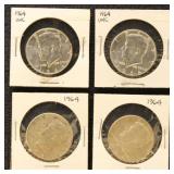 US Silver Coins 4 1964 Kennedy Half Dollars, BU &