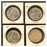 US Silver Coins 4 1964 Kennedy Half Dollars, BU &