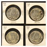US Silver Coins 4 1964 Kennedy Half Dollars, BU &