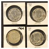US Silver Coins 4 1964 Kennedy Half Dollars, BU &