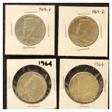 US Silver Coins 4 1964 Kennedy Half Dollars, BU &