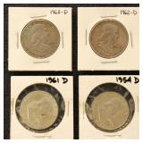 US Silver Coins 4 Franklin Half Dollars, circulate