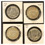 US Silver Coins 4 1964 Kennedy Half Dollars, BU &