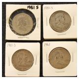 US Silver Coins 4 Franklin Half Dollars, circulate