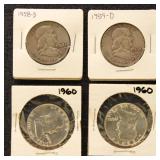 US Silver Coins 4 Franklin Half Dollars, circulate