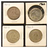 US Silver Coins 4 Franklin Half Dollars, circulate