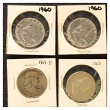 US Silver Coins 4 Franklin Half Dollars, circulate