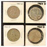US Silver Coins 4 Franklin Half Dollars, circulate