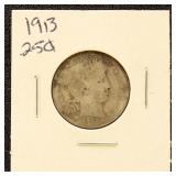 US Silver Coin 1913 Barber Quarter, Circulated