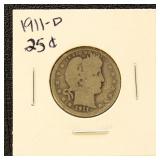 US Silver Coin 1911-D Barber Quarter, Circulated