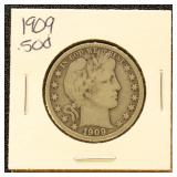 US Silver Coin 1909 Barber Half Dollar, Circulated