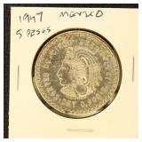 Mexico 1947 Silver Coin 5 Pesos in dealer flip