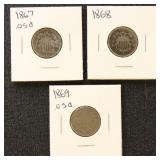 US Coins 3 Shield Nickels, Miscellaneous Dates