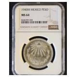 Mexico Silver Coin 1940M Peso Graded MS64 by NGC