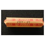 US Coins 1909-1939 Wheat Pennies Roll, circulated
