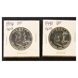 US Silver Coins 2 Franklin Half Dollars, Proofs, M