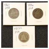 US Silver Coins 3 Seated Liberty Quarters, Miscell