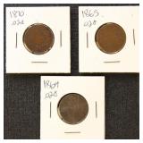 US Coins 3 Two Cent Pieces, Miscellaneous Dates