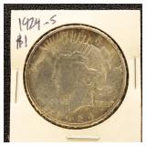 US Silver Coin 1924-S Peace Silver Dollar, Uncircu