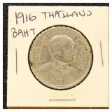 Thailand 1916 Silver Coin Baht in dealer flip