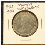 Straits Settlements 1921 Silver Coin 50 Cents in d