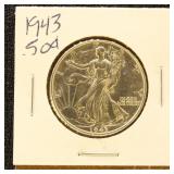 US Silver Coin 1943 Walking Liberty Half Dollar, U