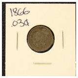 US Coin 1866 Nickel Three Cent Piece, Circulated