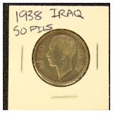 Iraq 1938 Silver Coin 50 Fils in dealer flip