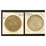 US Silver Coins 2 Peace $1 : 1922, 1923 in dealer