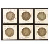 US Silver Coins 6 Barber $0.50 in dealer flips wit