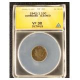 US Silver Coin 1942/1 Mercury Dime Graded VF30 Det