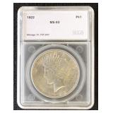 1922 Peace Silver Dollar Graded MS63 by SEGS