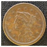 1847 Large Cent Circulated with some Toning XF Det