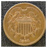 1864 Large Motto Two Cent Piece, AU with some orig