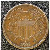1865 Two Cent Piece, circulated with some toning s