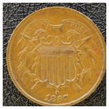 1867 Two Cent Piece, light verdigris on reverse, V