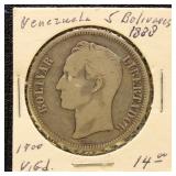 Venezuela 1888 Silver Coin 5 Bolivares in dealer f