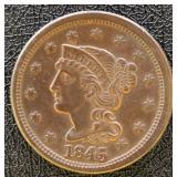 1845 Large Cent Circulated with Light Cleaning XF