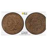 1855 Upright 55 Large Cent Graded AU55BN by PCGS