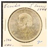 Ecuador 1944 Silver Coin 5 Sucres in dealer flip