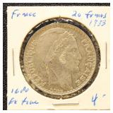 France 1933 Silver Coin 20 Francs in dealer flip