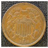 1869 Two Cent Piece, light toning spots, VF Detail