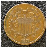 1871 Two Cent Piece, circulated with rim damage, F