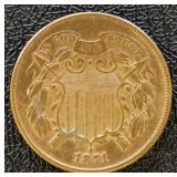 1871 Two Cent Piece XF/AU with hints of red