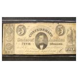 T-34 1861 $5 CSA Banknote with edge tears and stai