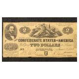 T-42 1862 $2 CSA Banknote with creases and stains,