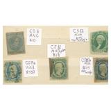 CSA Stamps Used & Mint on card, 5 Confederate Stat