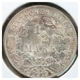 Worldwide Coins 1919-D Germany 1/2 Mark