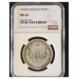 Worldwide Coins 1944-M Mexican Peso Graded MS64 by