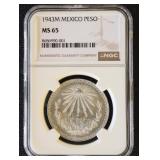 Worldwide Coins 1943-M Mexican Peso Graded MS66 by